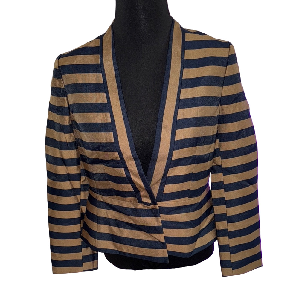 Ann Taylor Petite 10P Navy Tan Striped Tailored Career Blazer One Button NWT